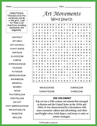 Art Movements Word Search