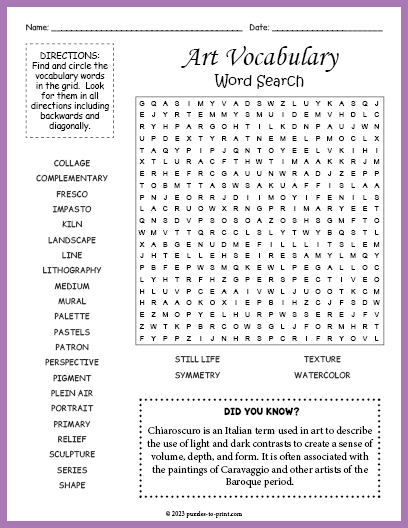 Art Vocabulary Word Search