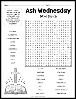 Free printable Ash Wednesday Word Search puzzle worksheet