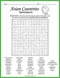 Free printable Asian Countries Word Search puzzle worksheet