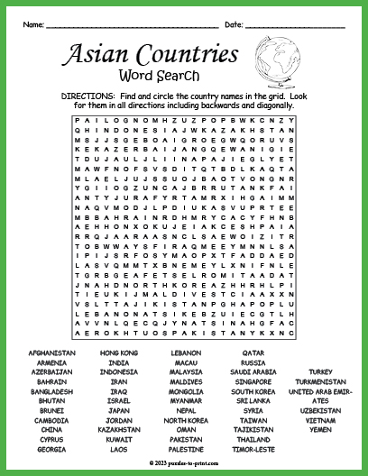 Asian Countries Word Search