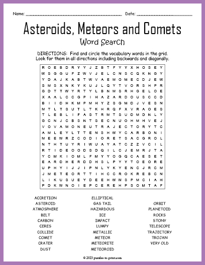 Asteroids, Meteors and Comets Word Search