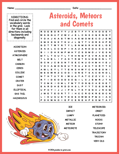 Asteroids, Meteors and Comets Word Search