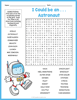 Free printable Astronaut Word Search puzzle worksheet