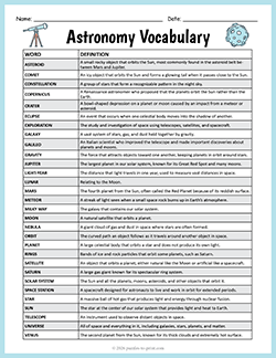 Printable astronomy vocabulary list and definitions
