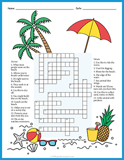 Free printable At the Beach Crossword puzzle worksheet