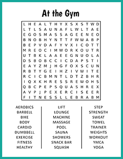 Free printable At the Gym Word Search puzzle worksheet