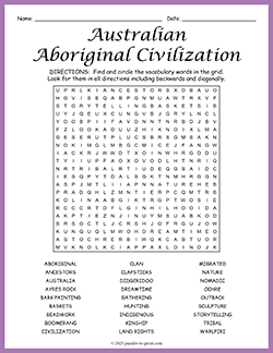 Free printable Australian Aboriginal Civilization Word Search puzzle worksheet