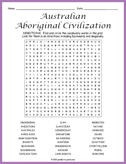 Australian Aboriginal Civilization Word Search