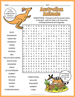 Free printable Australian Animals Word Search puzzle worksheet