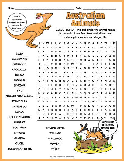 Australian Animals Word Search