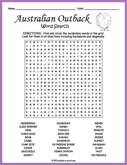 Australian Outback Word Search