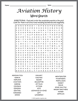 Free printable Aviation History Word Search puzzle worksheet