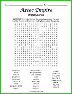 Free printable Aztec Empire Word Search puzzle worksheet