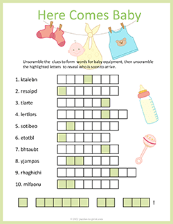 Free printable Baby Shower Word Scramble puzzle worksheet