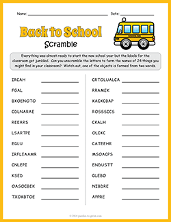 Free printable Back to School Word Scramble puzzle worksheet
