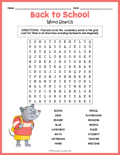 Back to School Word Search