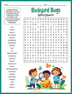 Free Printable Backyard Bugs Word Search Puzzle Worksheet