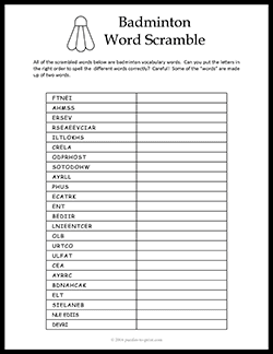 Free printable Badminton Word Scramble puzzle worksheet