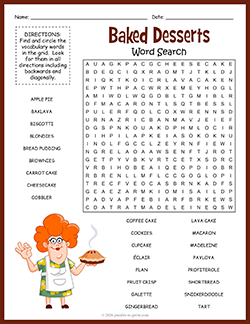 Free Printable Baked Desserts Word Search Puzzle Worksheet