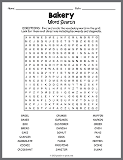Free printable Bakery Word Search puzzle worksheet
