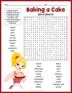 Free printable Baking A Cake Word Search puzzle worksheet