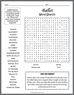 Free printable Ballet Word Search puzzle worksheet