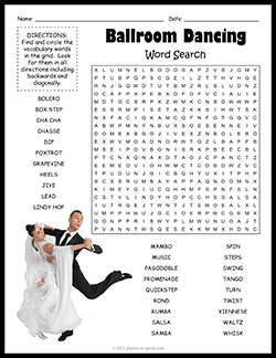 Free printable Ballroom Dancing Word Search puzzle worksheet