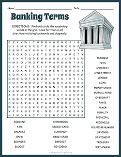 Free printable Banking Terms Word Search puzzle worksheet