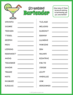 Free printable Bartender Word Scramble puzzle worksheet