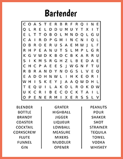 Free printable Bartender Word Search puzzle worksheet