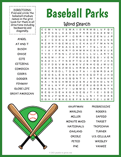 Free printable Baseball Parks Word Search puzzle worksheet