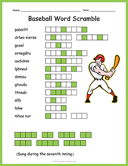 Free printable Baseball Word Scramble puzzle worksheet