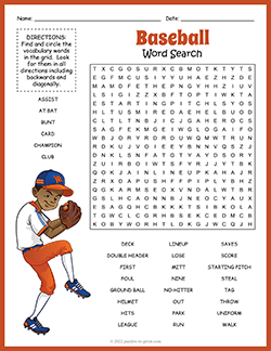 Free printable Baseball Word Search puzzle worksheet