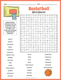 Free printable Basketball Word Search puzzle worksheet