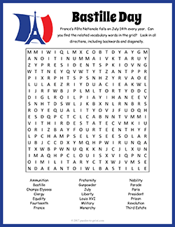 Free printable Bastille Day Word Search puzzle worksheet