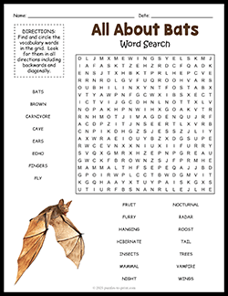 Free printable Bat Word Search puzzle worksheet