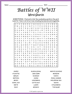 Free printable Battles of WWII Word Search puzzle worksheet