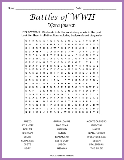 Battles of WWII Word Search