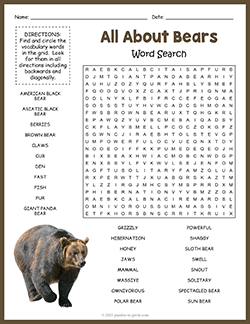 Free printable Bear Word Search puzzle worksheet
