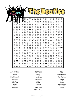 Free printable Beatles Word Search puzzle worksheet