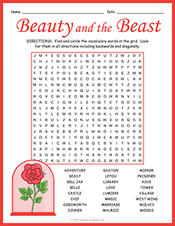 Free printable Beauty and the Beast Word Search puzzle worksheet