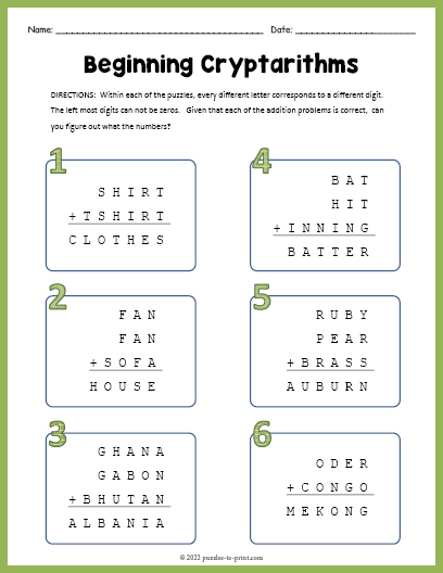 Beginning Cryptarithms