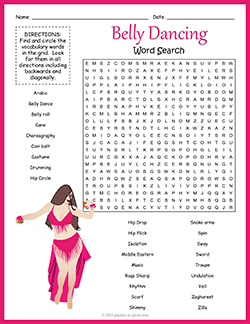 Free printable Belly Dancing Word Search puzzle worksheet