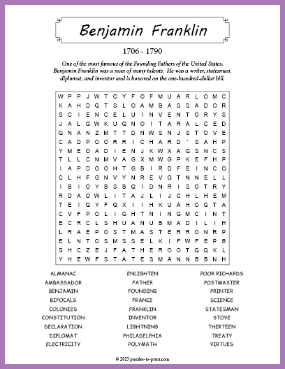 Benjamin Franklin Word Search