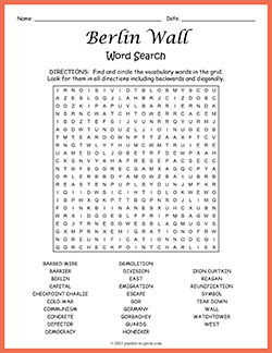 Free printable Berlin Wall Word Search puzzle worksheet