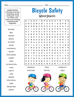 Free printable Bicycle Safety Word Search puzzle worksheet