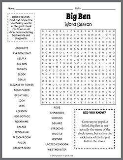 Free printable Big Ben Word Search puzzle worksheet