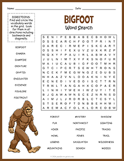 Free Printable Big Foot Word Search Puzzle Worksheet