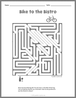 Free printable Bike to the Bistro Maze puzzle worksheet